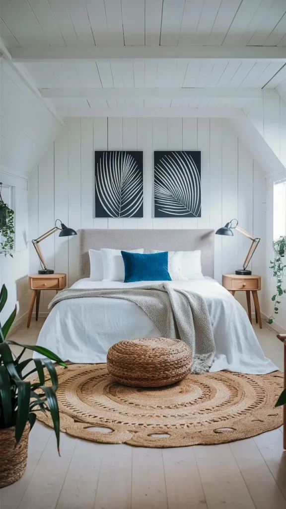 A minimalist bedroom with a bed, decorative accessories, and natural elements