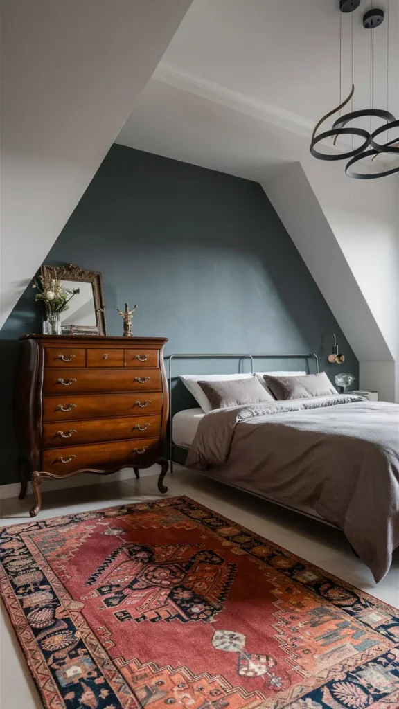 A stylish bedroom featuring a mix of vintage and contemporary decor, including framed art, a modern nightstand, and a vintage dresser