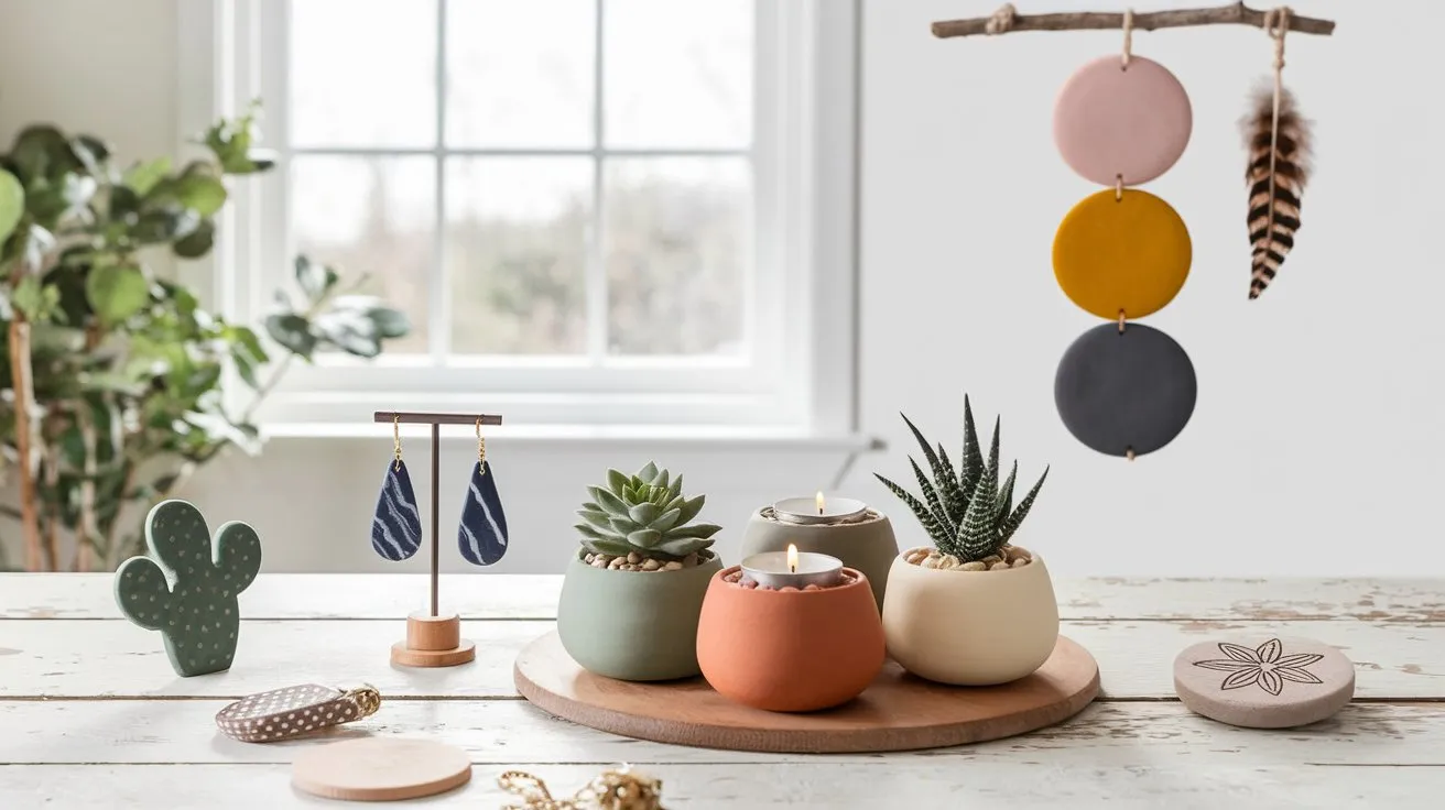 Air Dry Clay projects like pots, jewelry, and coasters on a crafting table
