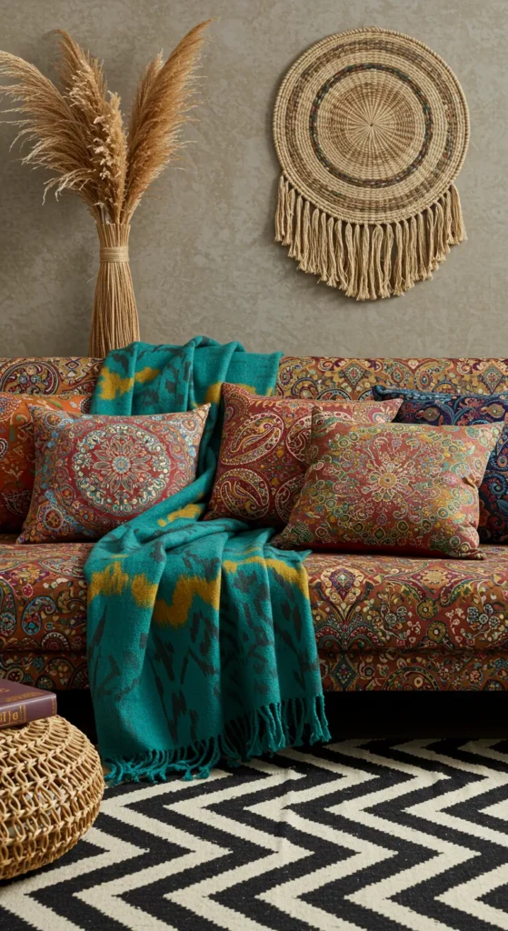 Patterned Bohemian home with an ikat throw, chevron rug, and paisley pillows in a vibrant, cohesive mix