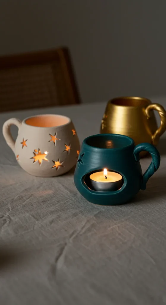 Three clay candle holders with tea lights glow on a dining table