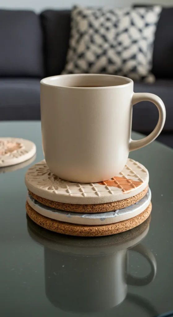 Four clay coasters with a mug, one floral-stamped, on a coffee table