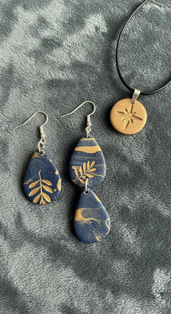 Marbled navy-gold clay earrings and a star pendant necklace on velvet