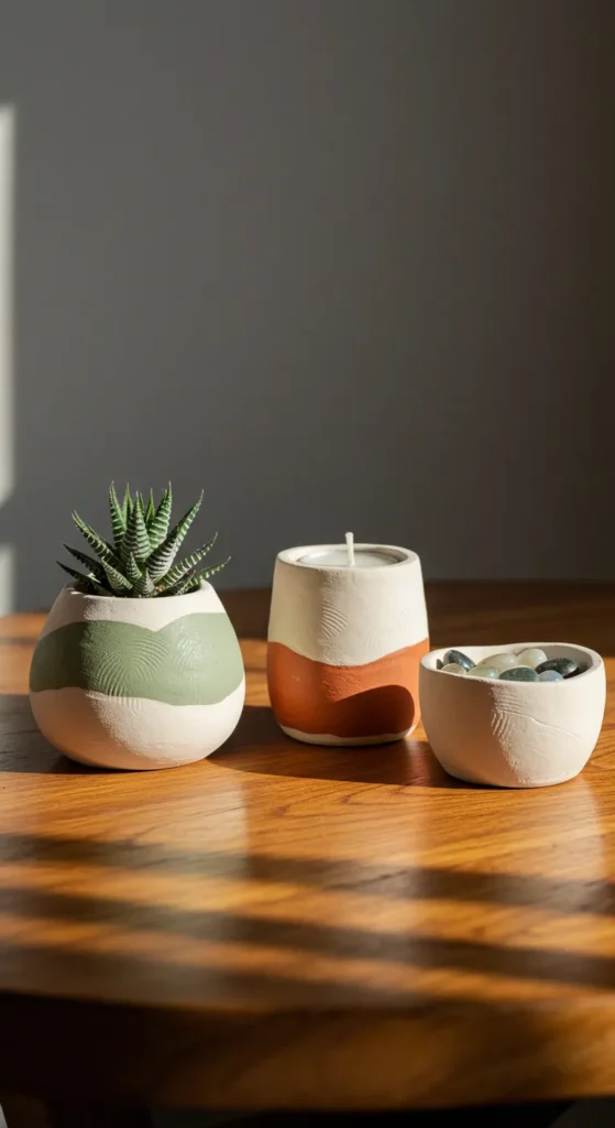 Three rustic clay pinch pots in earthy tones hold a succulent, tea light, and pebbles
