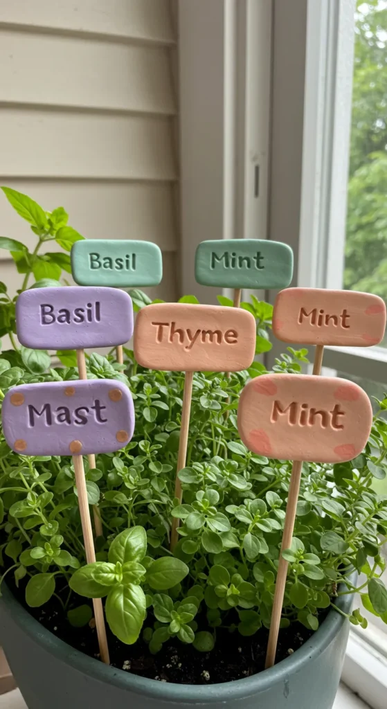 Clay plant markers in pastel colors label herbs in a sunny window box