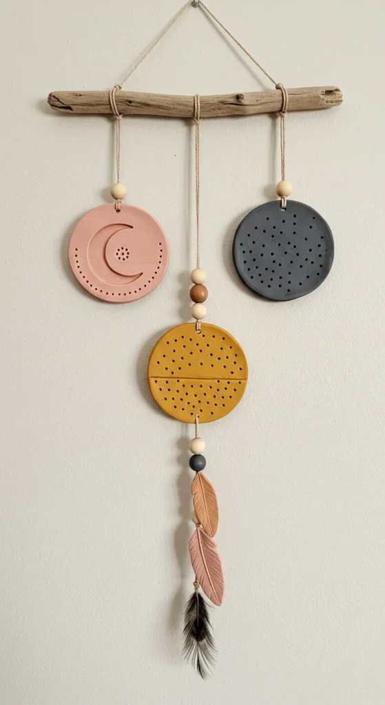Boho clay wall hanging with three painted discs on twine and driftwood