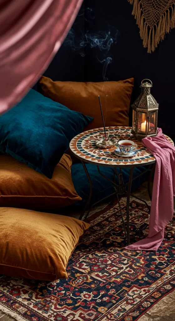Cozy nook in a Bohemian home with jewel-toned pillows, a mosaic table, and a silk-draped lantern on a kilim rug