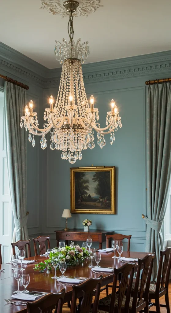 Georgian dining room with a crystal chandelier above a mahogany table and blue walls.