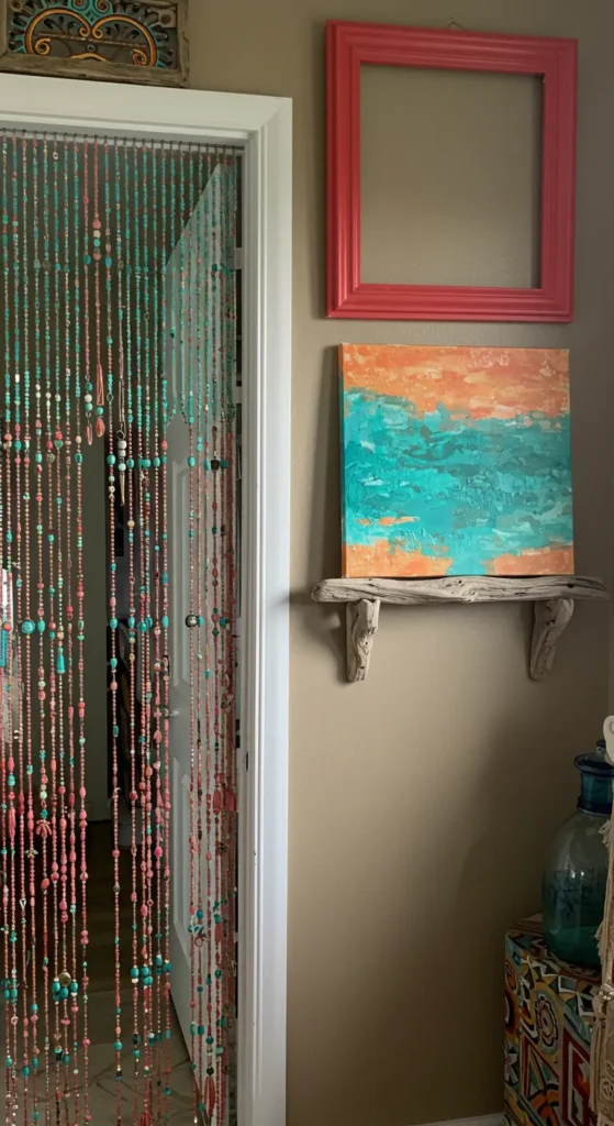 Bohemian home DIY corner with painted crates, a driftwood-shell curtain, and an abstract canvas