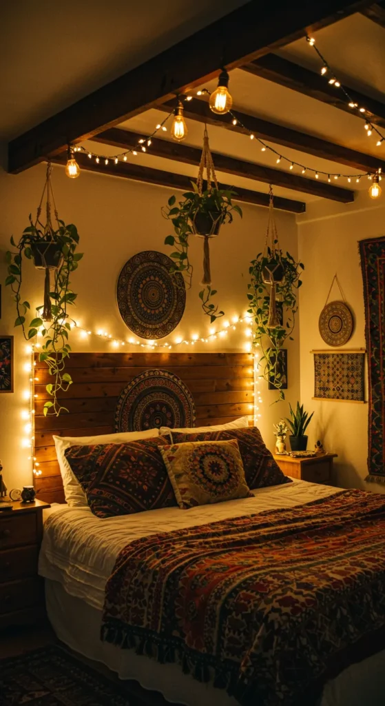 Bohemian home bedroom with globe lights crisscrossing the ceiling, draped over a bamboo bed and shelves