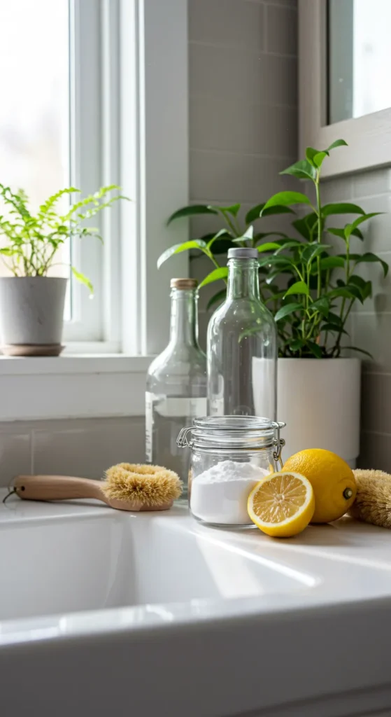 Eco-friendly bathroom with vinegar, baking soda, lemon, and brush on sink; pet bed, plant, and sunlight