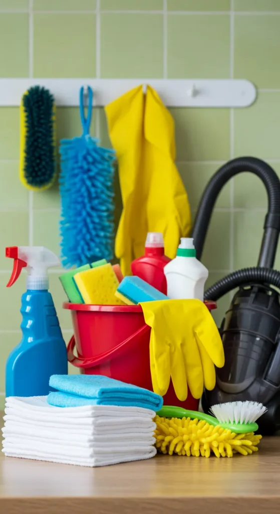 Kitchen counter with colorful cleaning supplies: spray bottle, duster, brush, vacuum, gloves, and bucket