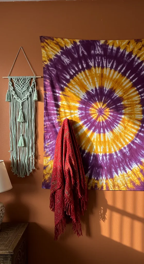 Bohemian home wall with a tie-dye tapestry, green macramé, and crimson shawl against a terracotta backdrop.