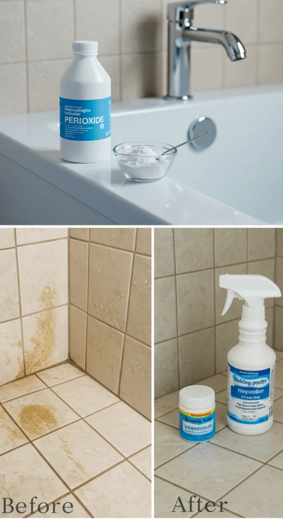 A paste of baking soda and hydrogen peroxide on grout, with a brush and cleaning supplies nearby on a tiled surface.