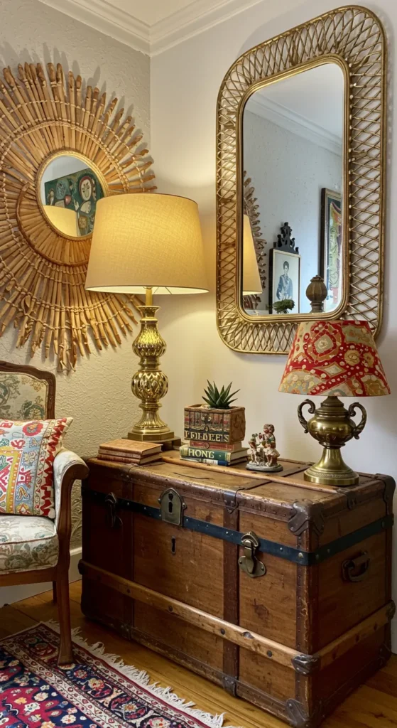 Vintage treasures in a Bohemian home, including a floral trunk, brass lamp, and gilt mirror on a threadbare rug