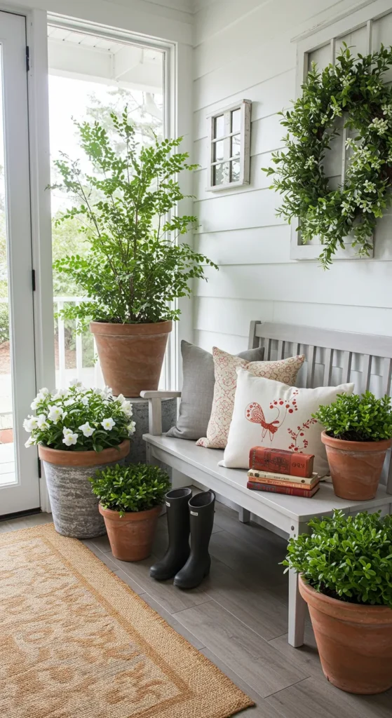 Southern entry with a wooden door, ferns, a bench, and a magnolia wreath