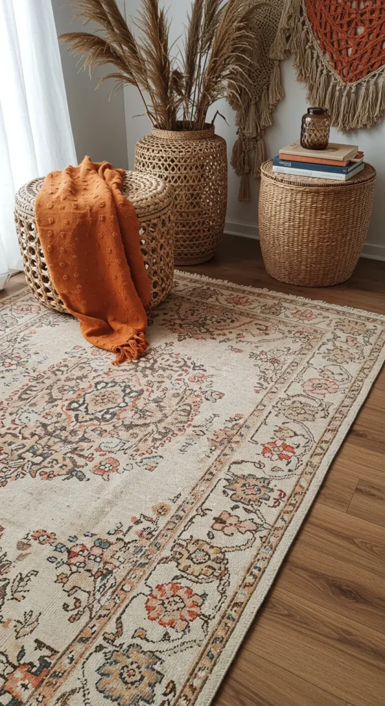 Layered rugs in a Bohemian home, featuring a faded Turkish rug topped with an indigo shag and an orange geometric runner