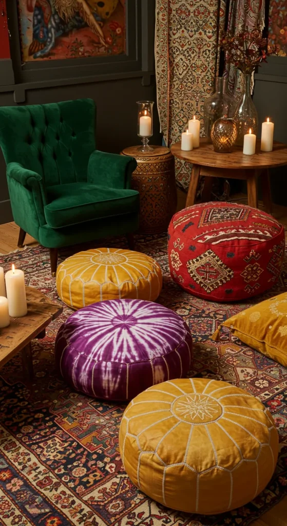Eclectic seating in a Bohemian home with an orange velvet sofa, leather pouf, and blue-pink cushions on a rug