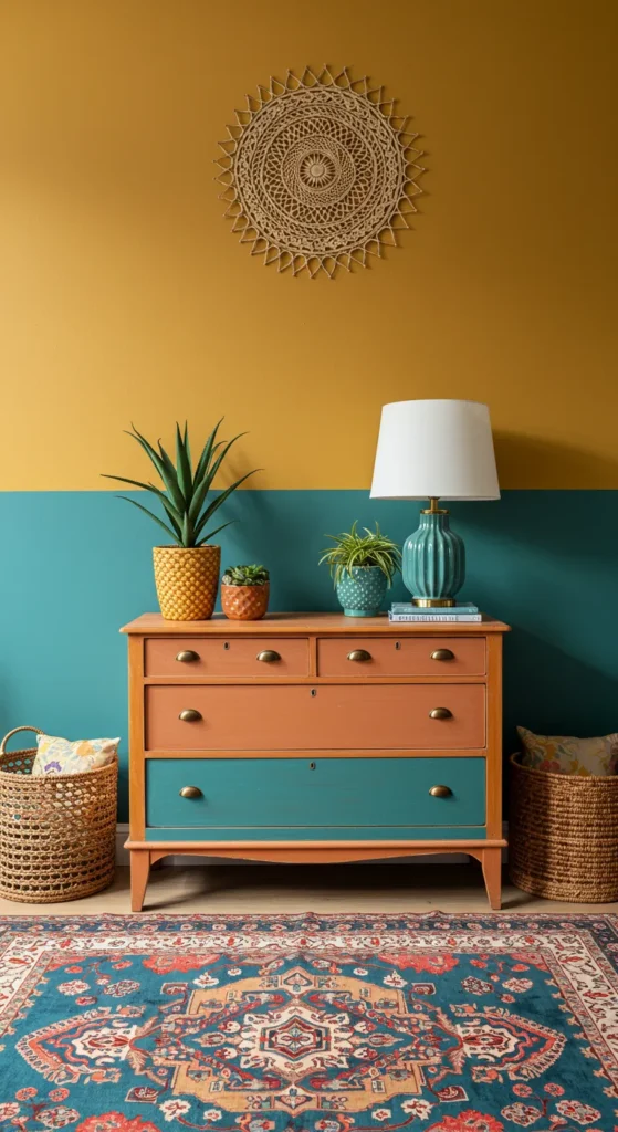 Bohemian home with an emerald green wall, coral chair, and cobalt shelf, accented by a sunset-hued throw.