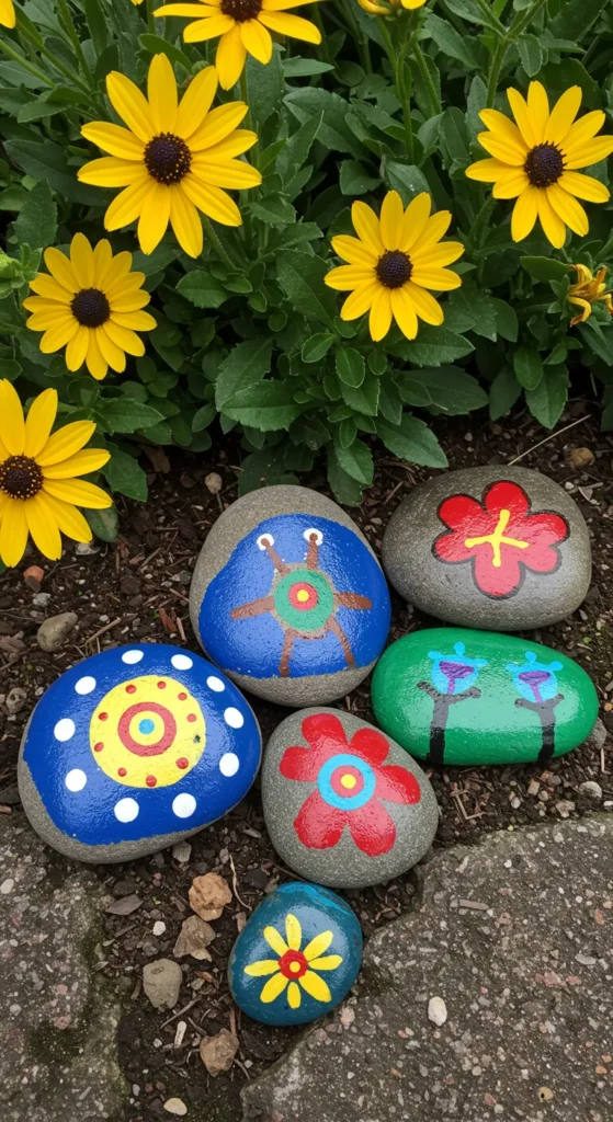 Brightly painted rocks with polka dots and stripes nestled among green plants.
