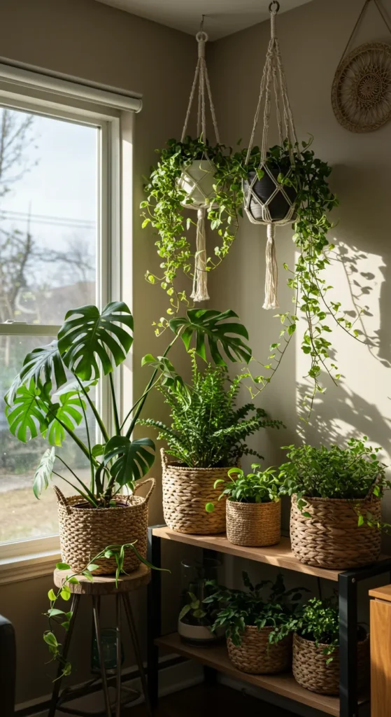 Bohemian home corner with tall fiddle-leaf figs, trailing pothos, and a cactus on a shelf, bathed in sunlight