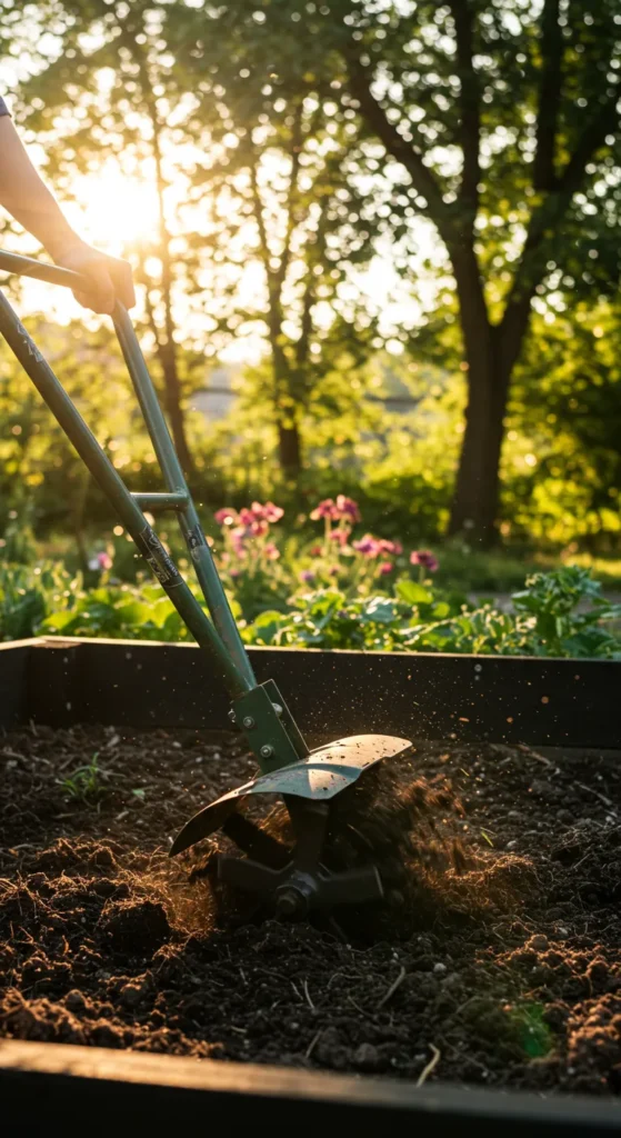 Person using a garden tiller to loosen compacted soil in a raised bed under sunlight.