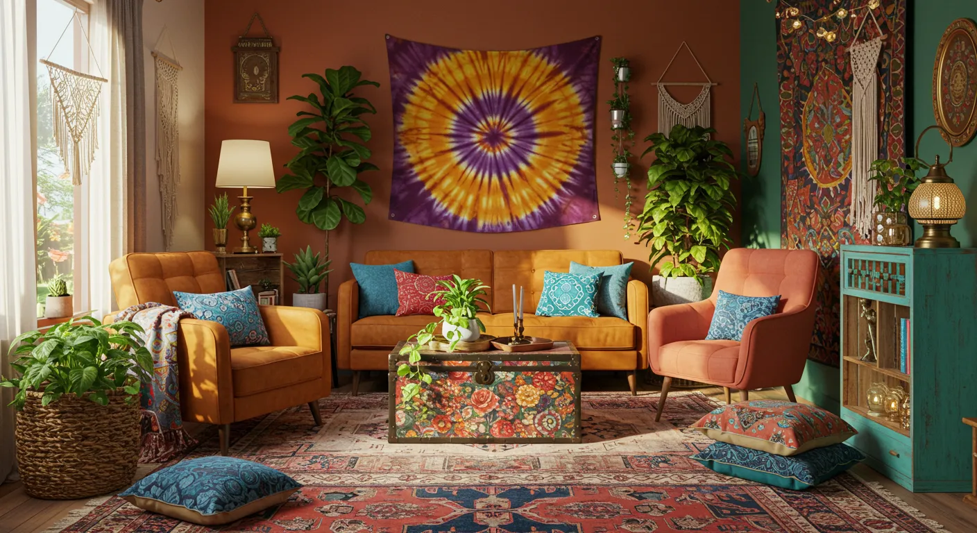 Bohemian home with layered rugs, colorful tapestry, plants, eclectic seating, bold walls, vintage finds, lights, patterns, DIY decor, and a cozy nook
